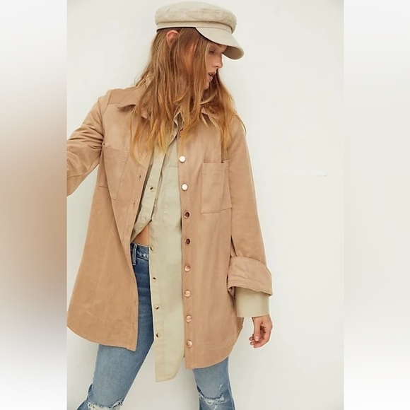 Free People Tops - FREE PEOPLE Beige Ari Faux Suede Button Shirt Jacket